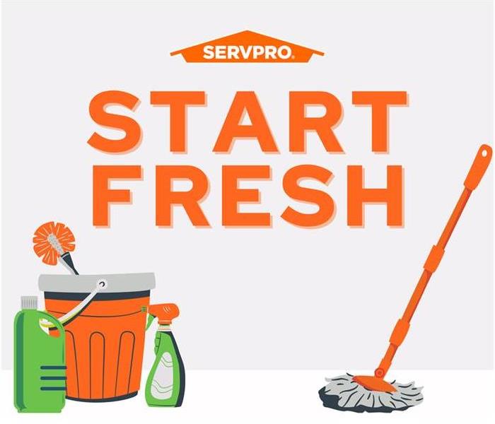 the words "Start Fresh" in orange in front of a gray background, SERVPRO logo, cleaning supplies in foreground